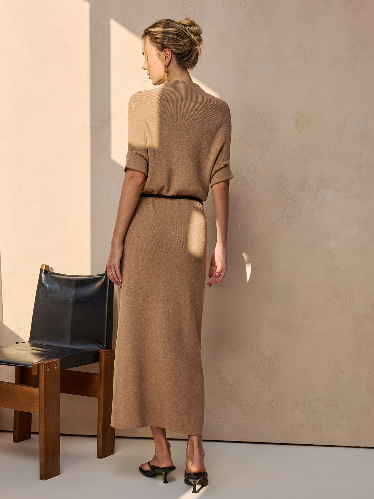 Belted Ribbed Knit Midi Dress-Chicvia