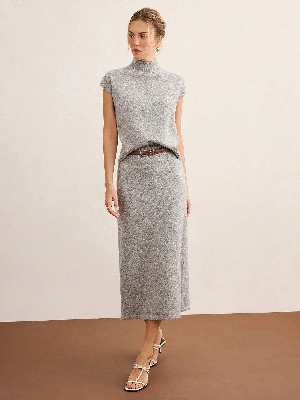 Mock Neck Knit Top & Midi Skirt Set without Belt-Chicvia