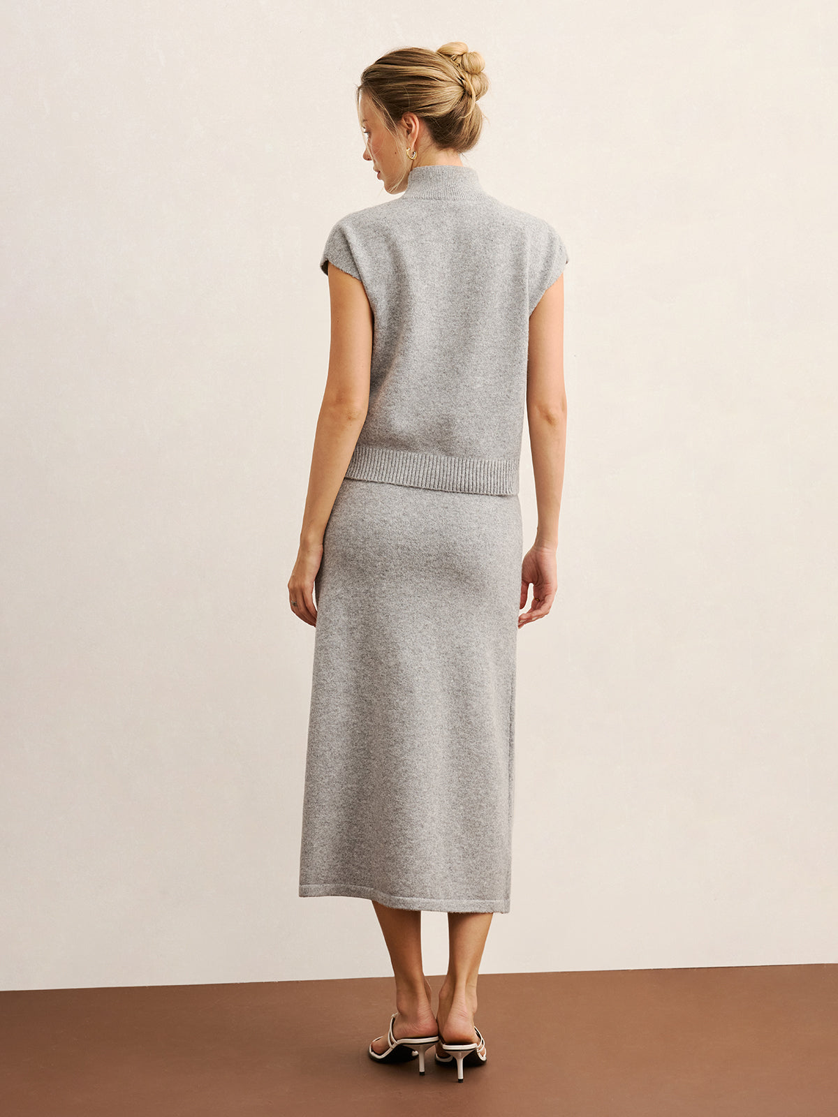 Mock Neck Knit Top & Midi Skirt Set without Belt-Chicvia