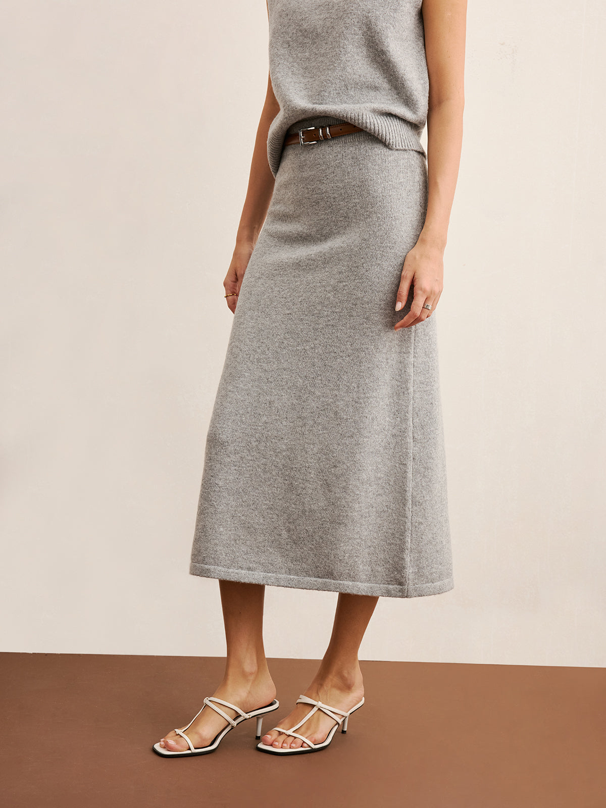 Mock Neck Knit Top & Midi Skirt Set without Belt-Chicvia