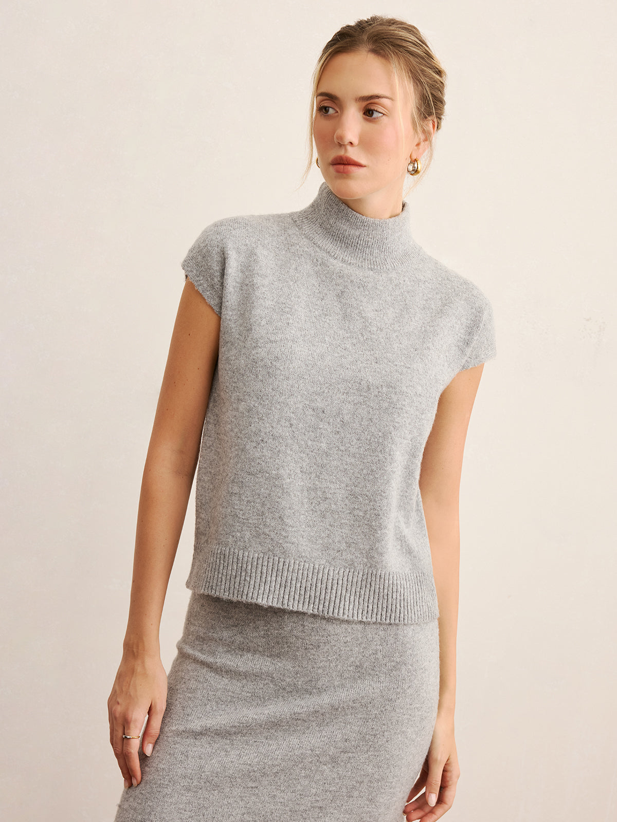 Mock Neck Knit Top & Midi Skirt Set without Belt-Chicvia