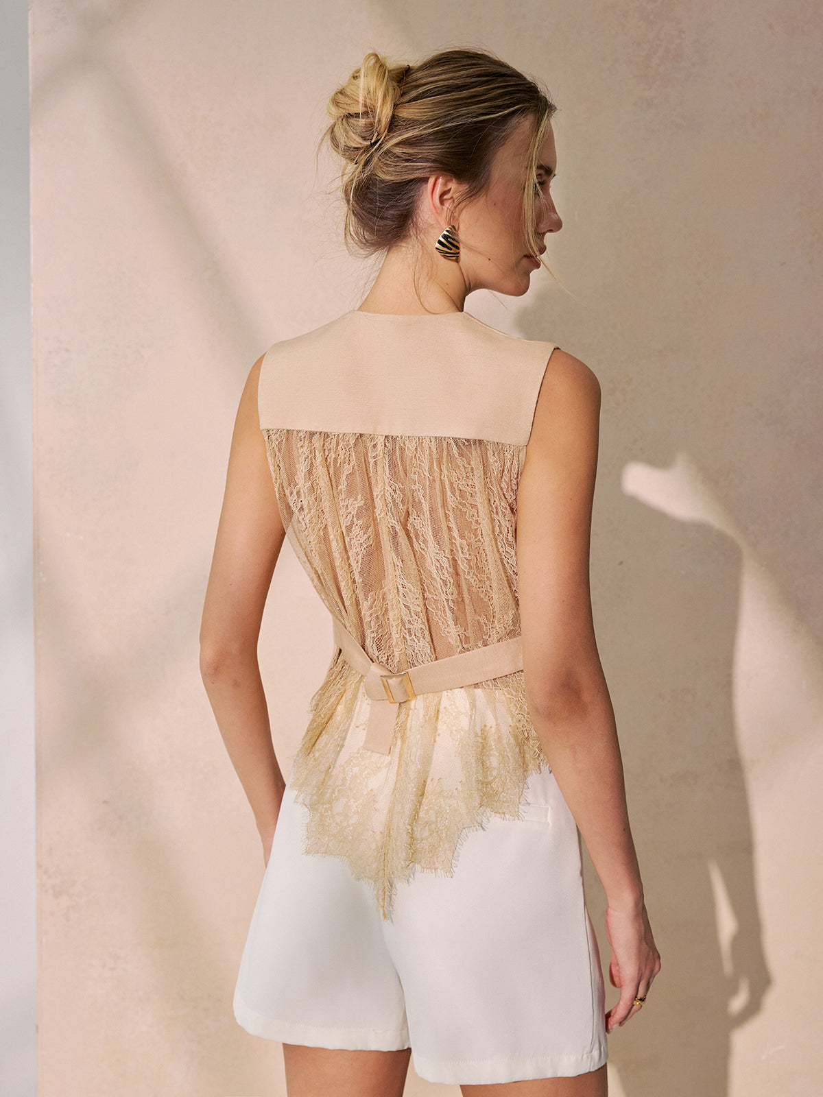 Lace Back Tie-Waist Linen Blend Vest-Chicvia