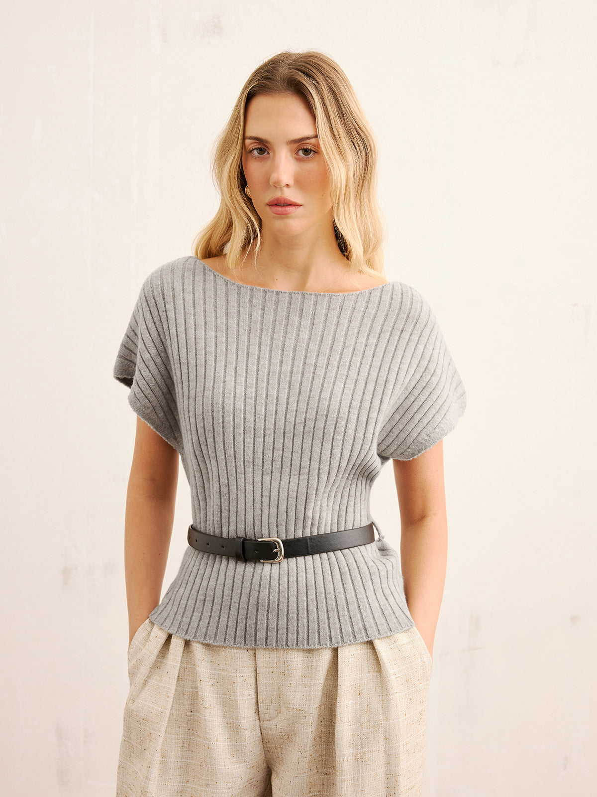 Belted Ribbed Knit Boat Neck Top-Chicvia