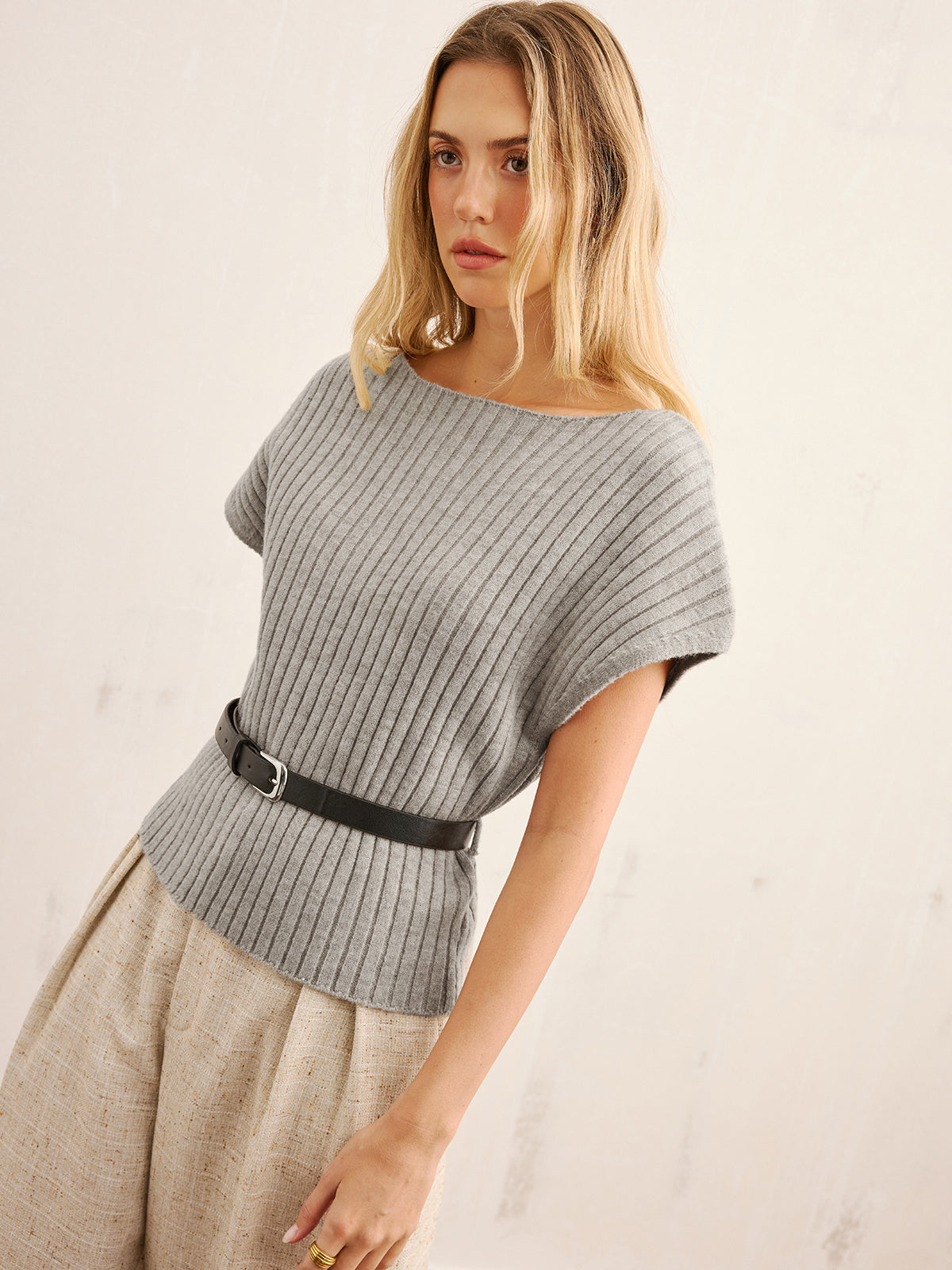 Belted Ribbed Knit Boat Neck Top-Chicvia