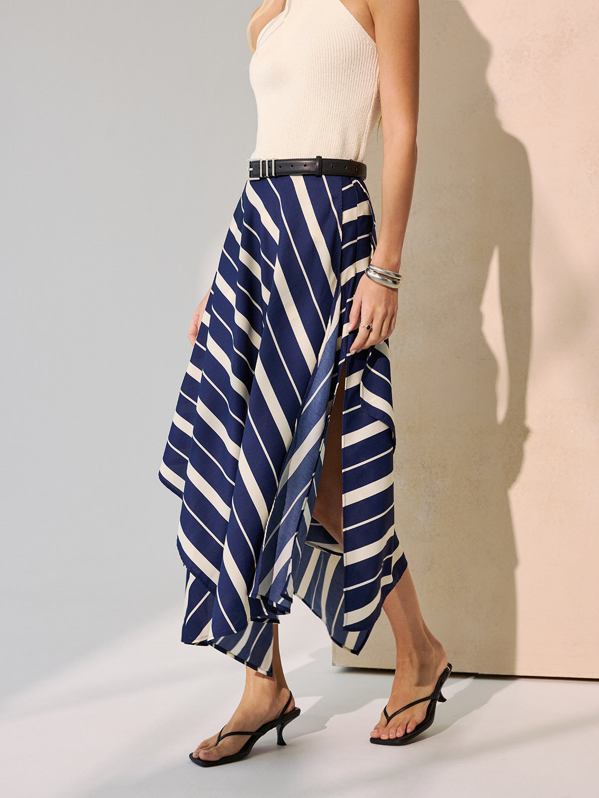 Diagonal Stripe Asymmetric Midi Skirt without Belt-Chicvia
