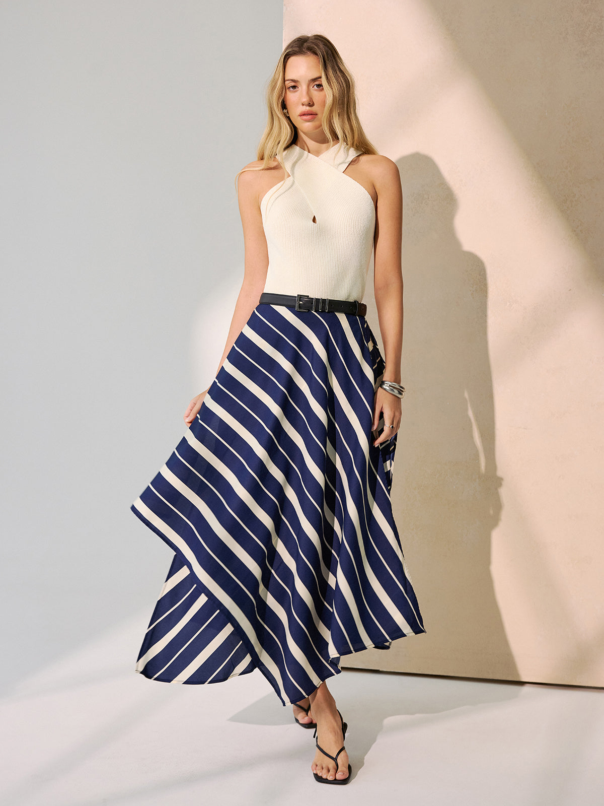 Diagonal Stripe Asymmetric Midi Skirt without Belt-Chicvia