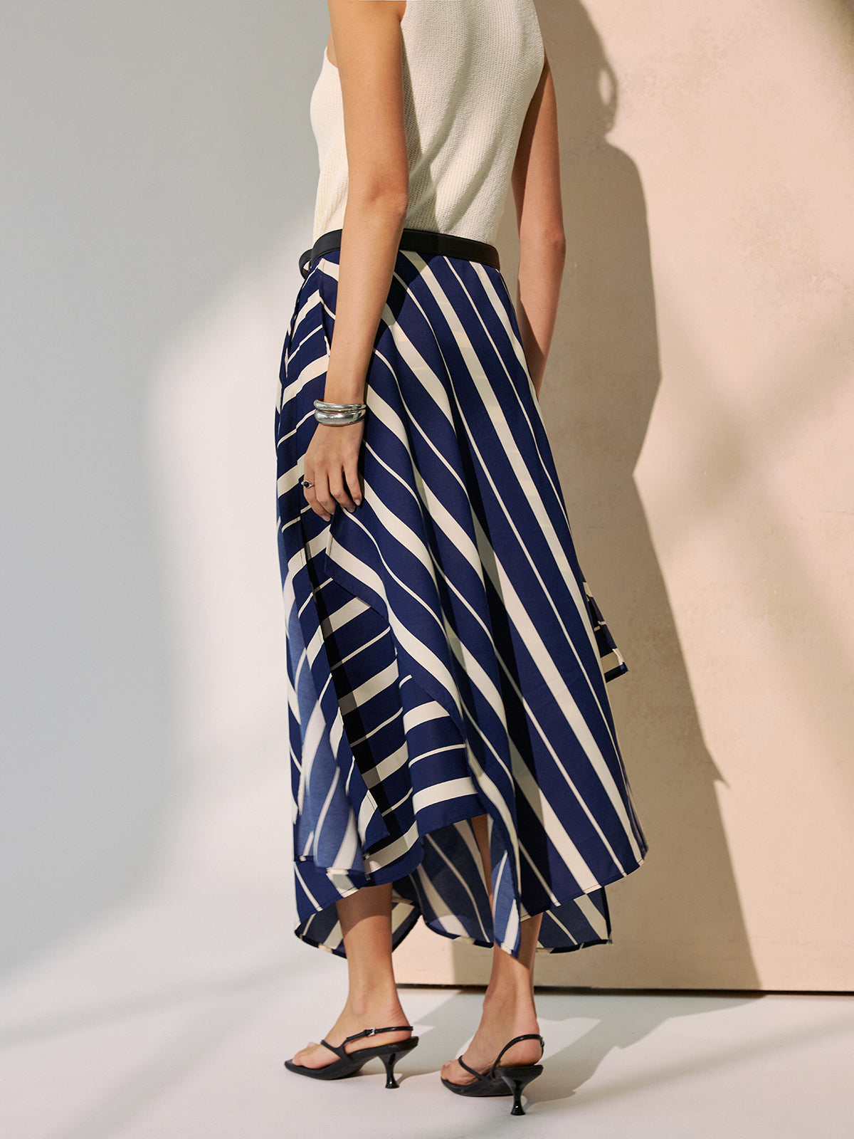 Diagonal Stripe Asymmetric Midi Skirt without Belt-Chicvia