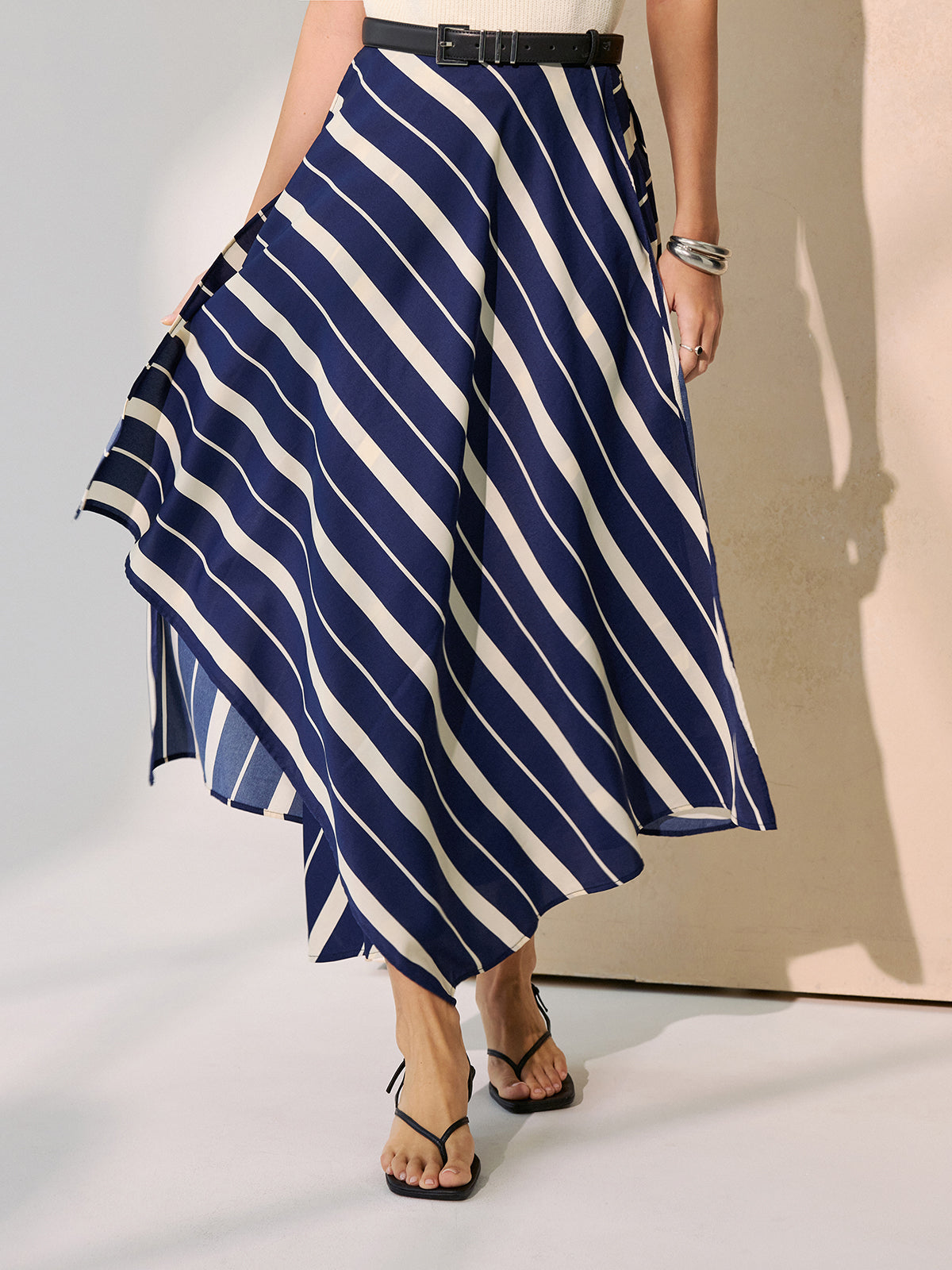 Diagonal Stripe Asymmetric Midi Skirt without Belt-Chicvia