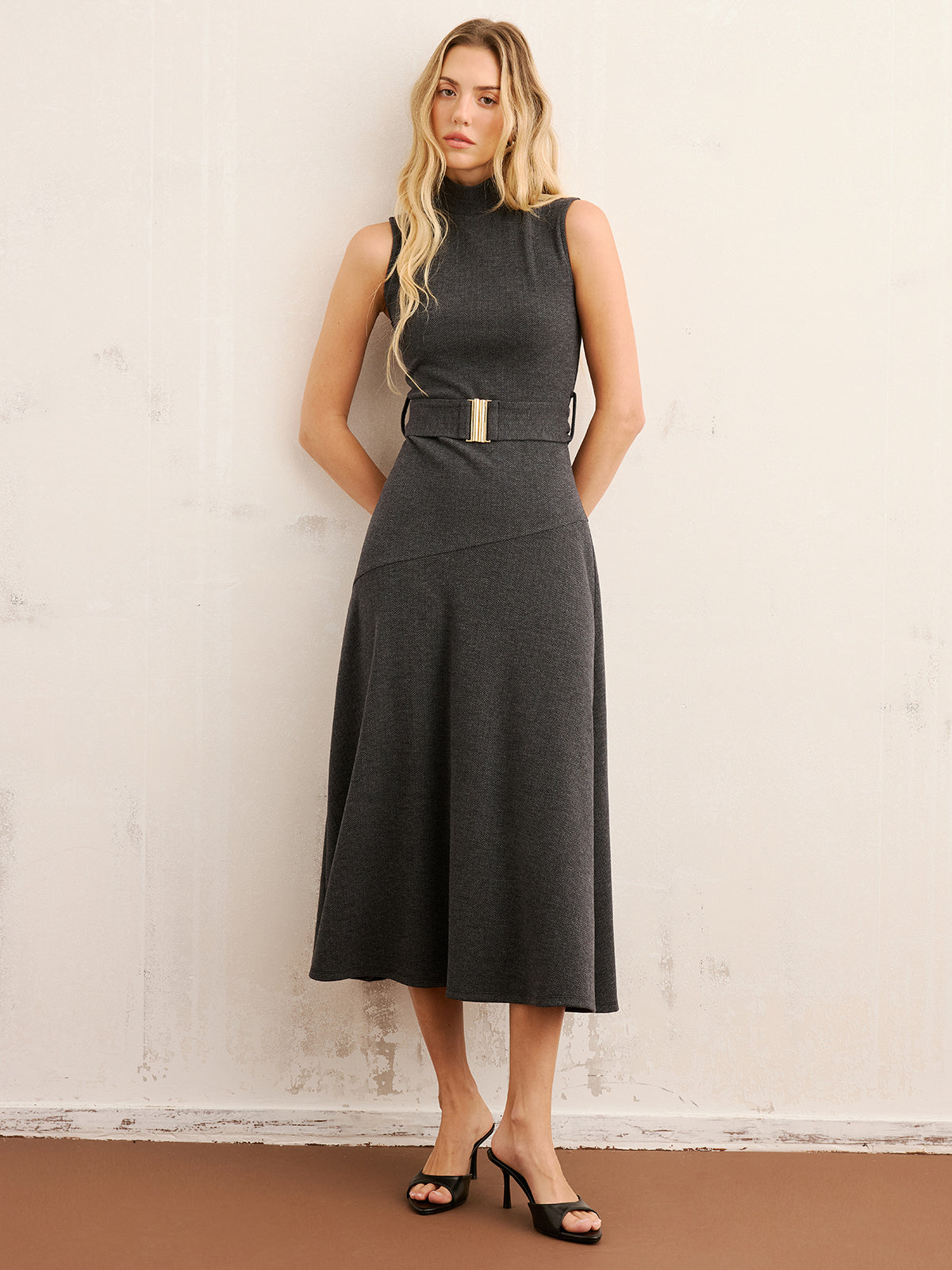 High Neck Sleeveless Belted Maxi Dress-Chicvia