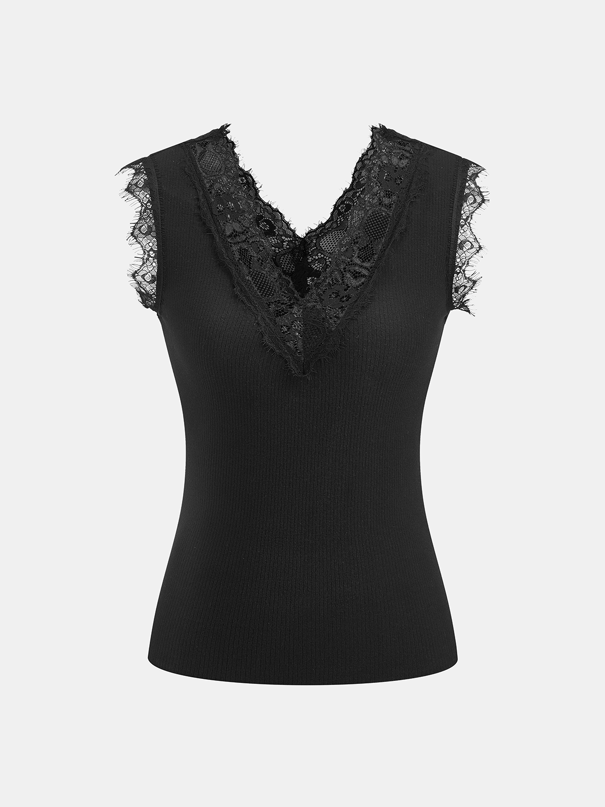 Lace V-Neck Ribbed Sleeveless Tank Top-Chicvia