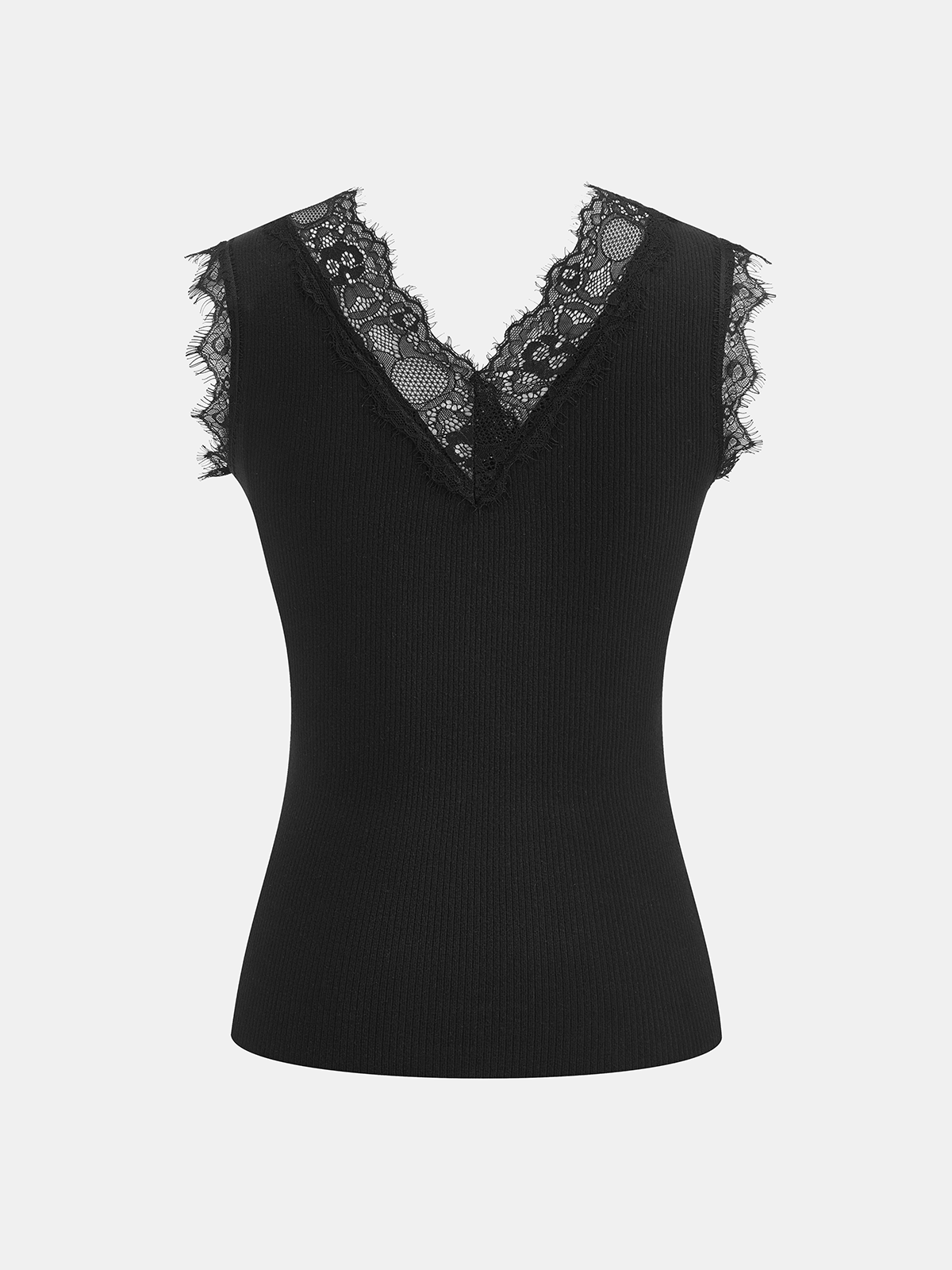 Lace V-Neck Ribbed Sleeveless Tank Top-Chicvia