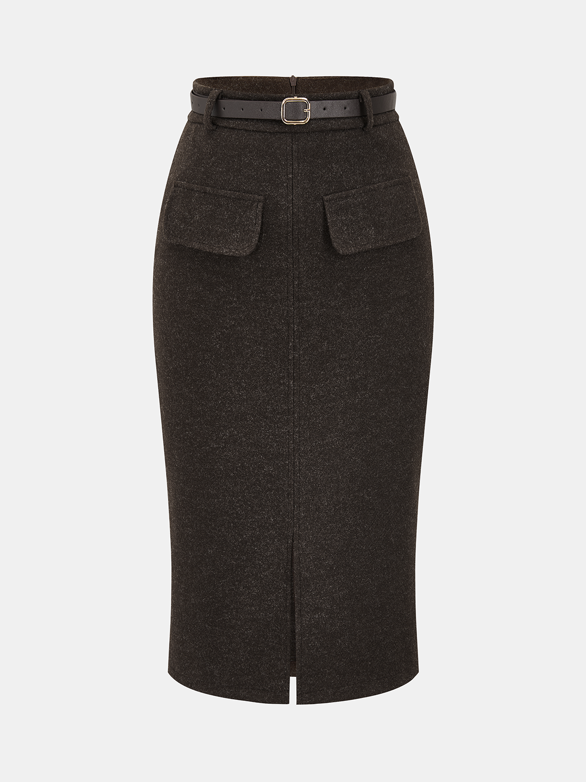 Faux Cashmere Belted Slit Pencil Skirt-Chicvia