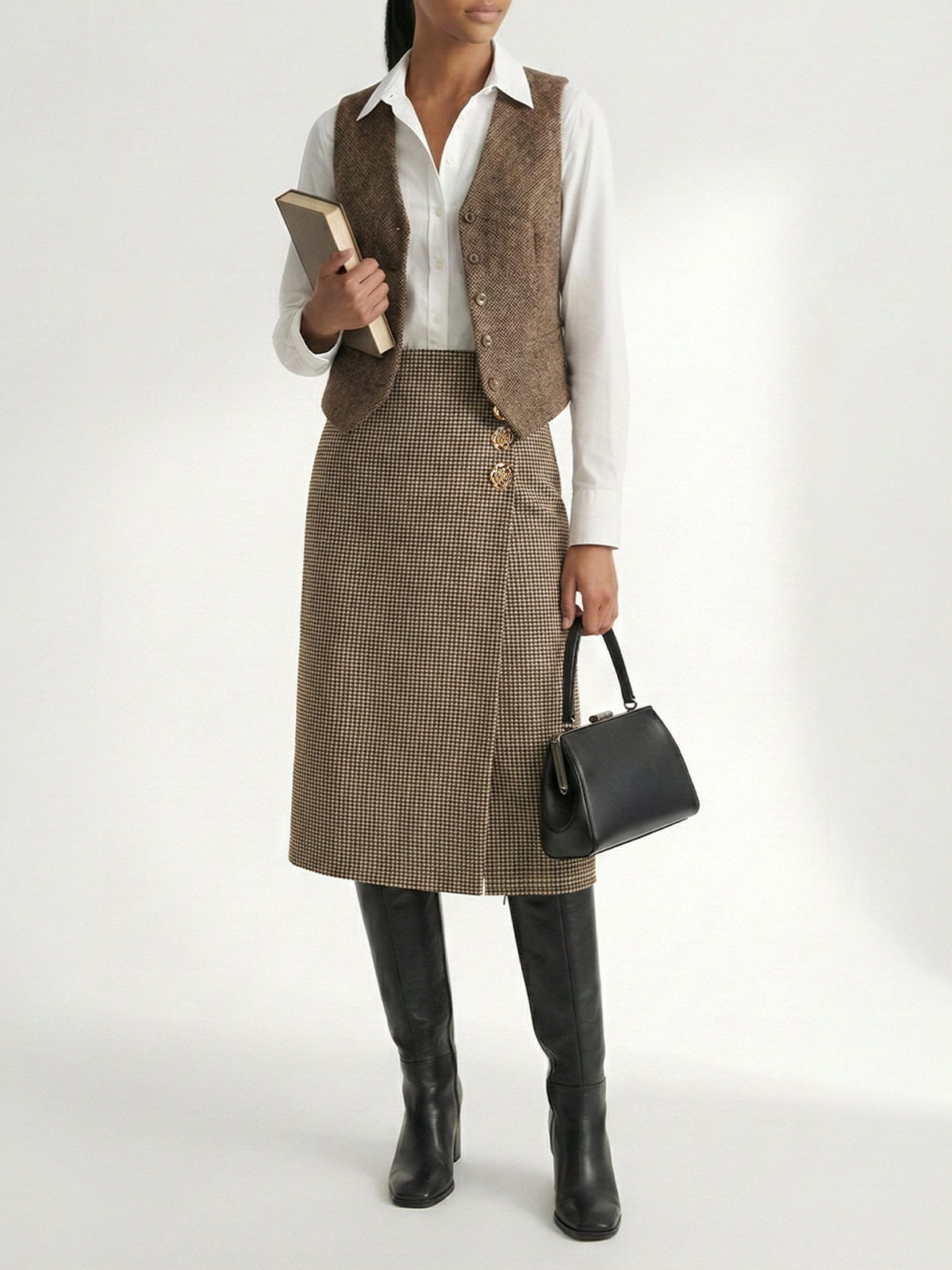 Metal Embellished Houndstooth Midi Skirt-Chicvia