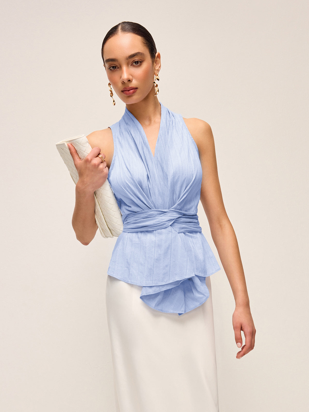 Cotton Draped Wrap Top With Back Bow-Chicvia