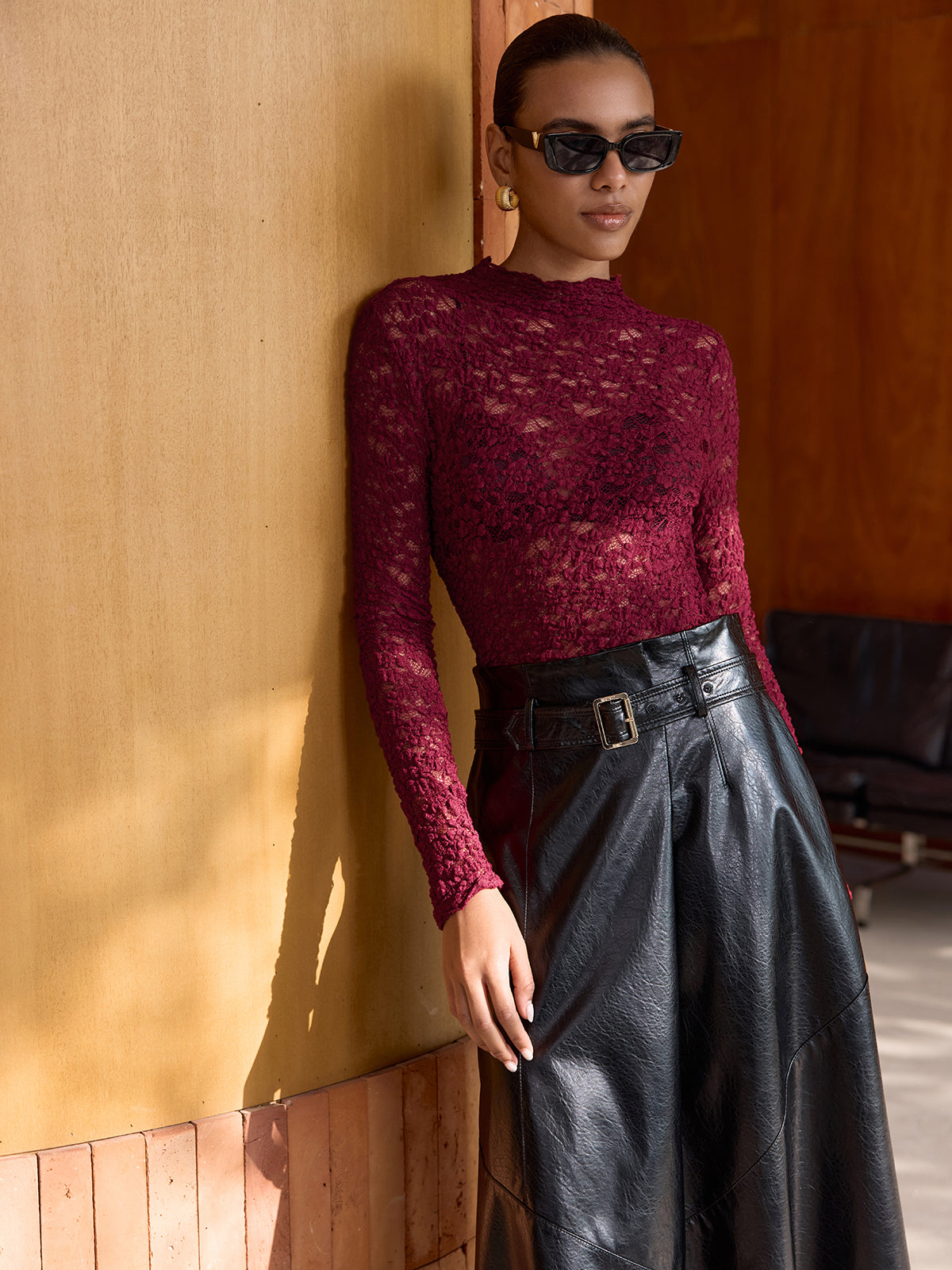 Long-Sleeve Sheer Lace Top-Chicvia