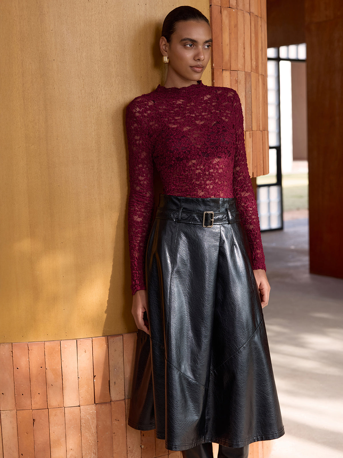 Long-Sleeve Sheer Lace Top-Chicvia