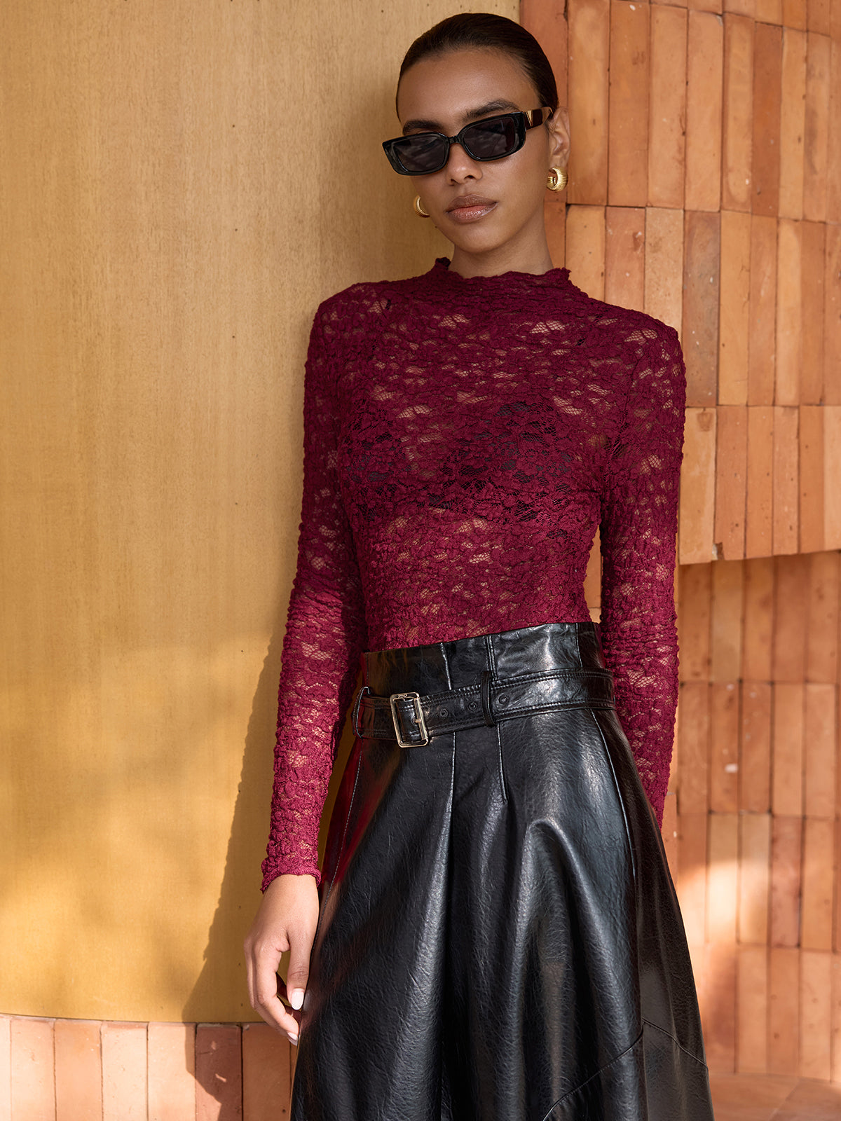 Long-Sleeve Sheer Lace Top-Chicvia