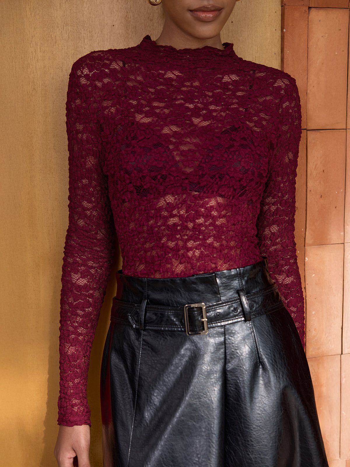 Long-Sleeve Sheer Lace Top-Chicvia