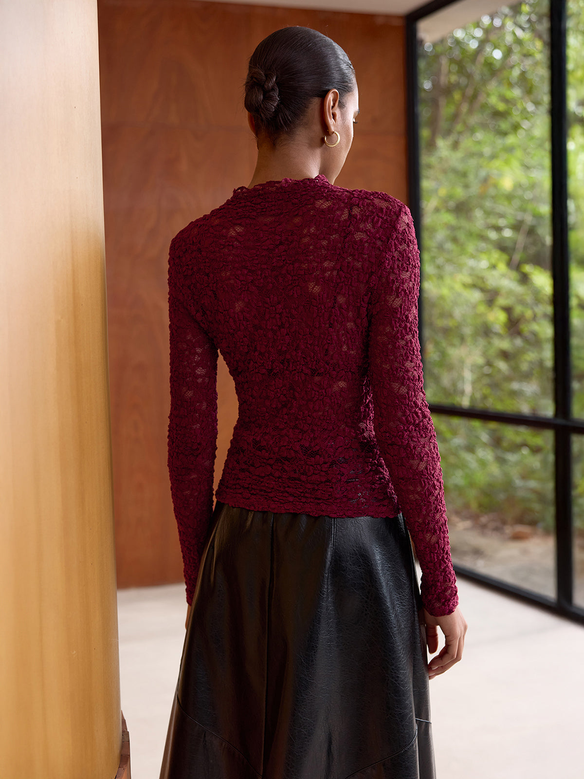 Long-Sleeve Sheer Lace Top-Chicvia