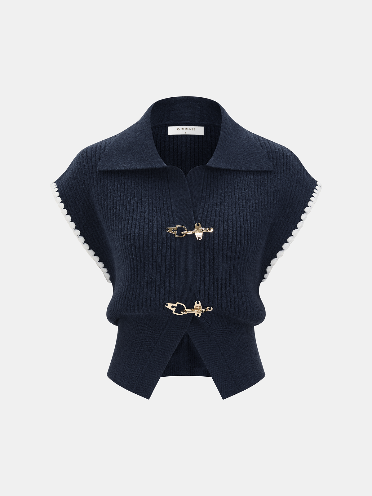 Metal Clasp Contrast Trim Collared Knit Vest-Chicvia