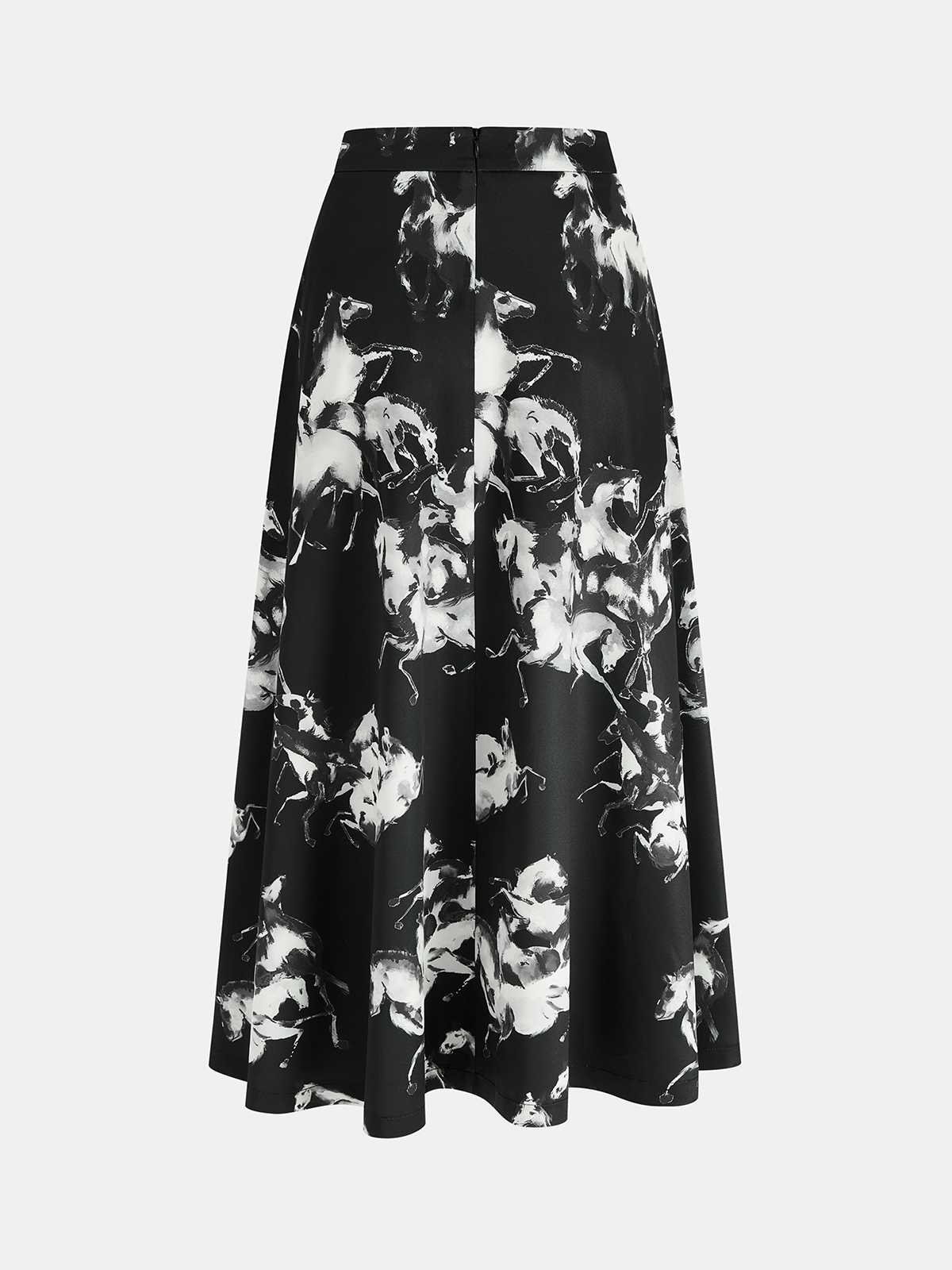 Ink Horse Print A-Line Midi Skirt-Chicvia