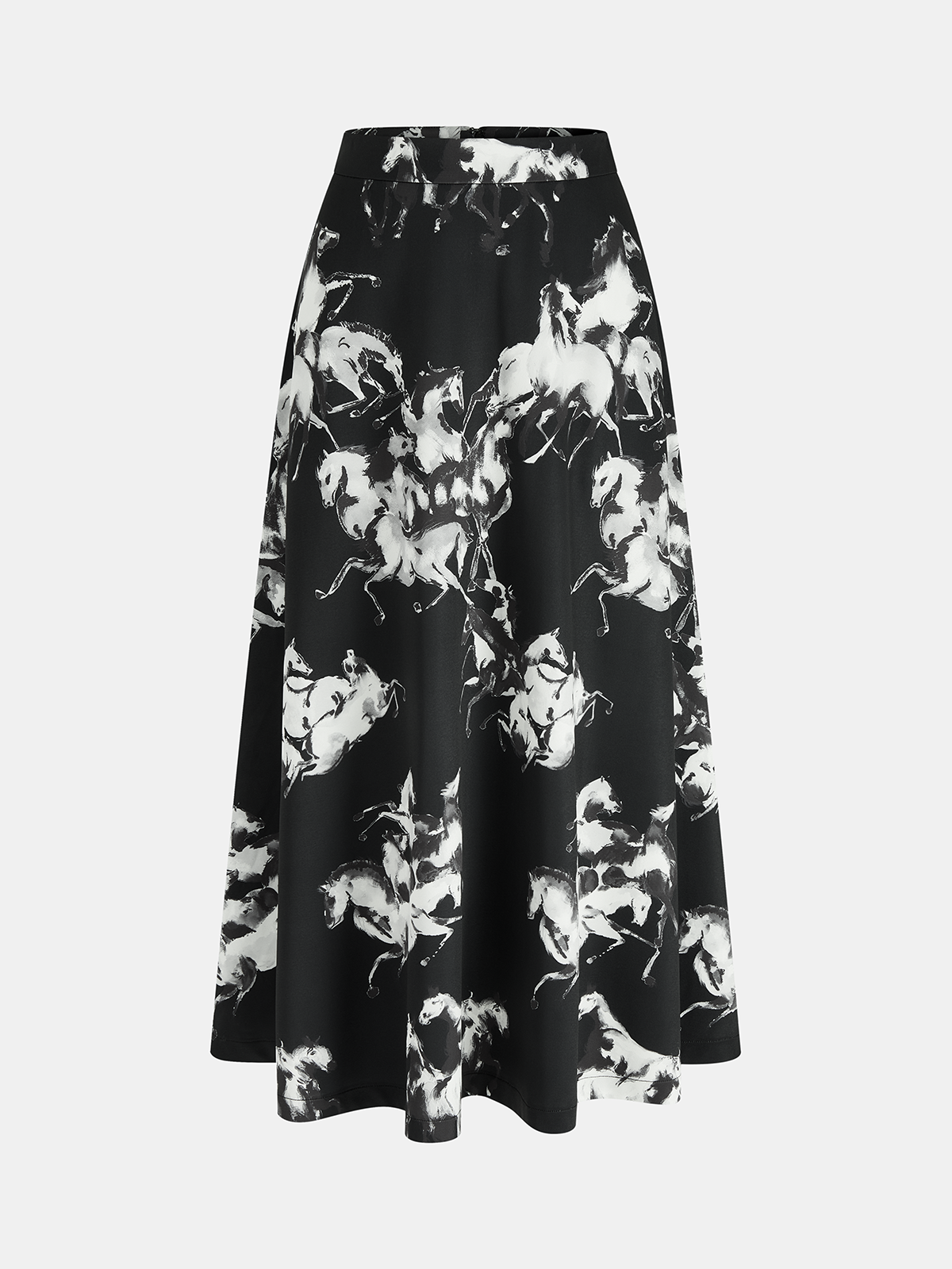 Ink Horse Print A-Line Midi Skirt-Chicvia