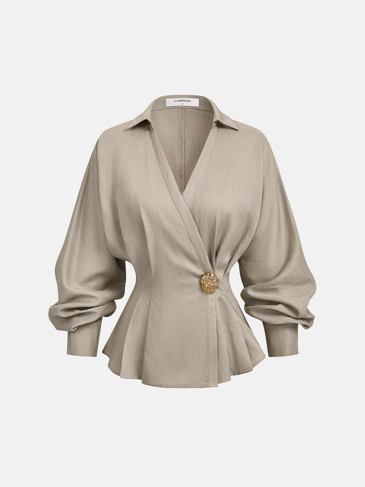 Linen Blend Balloon Sleeve Wrap Blouse-Chicvia