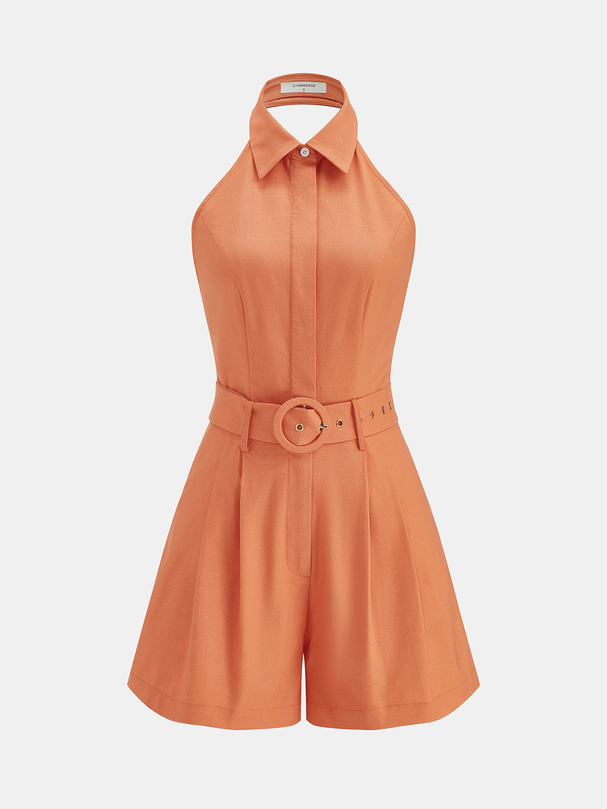 Halter Collared Backless Belted Romper-Chicvia