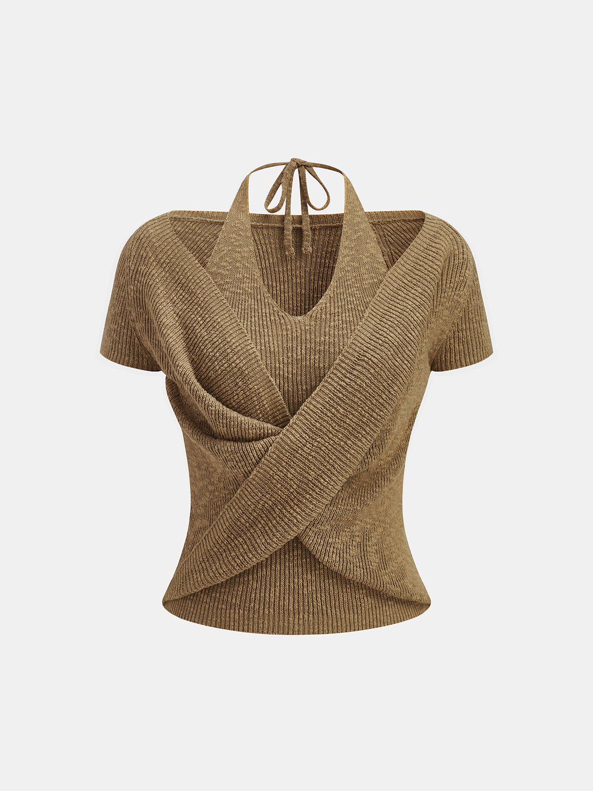 Halter Wrap Short Sleeve Knit Top-Chicvia