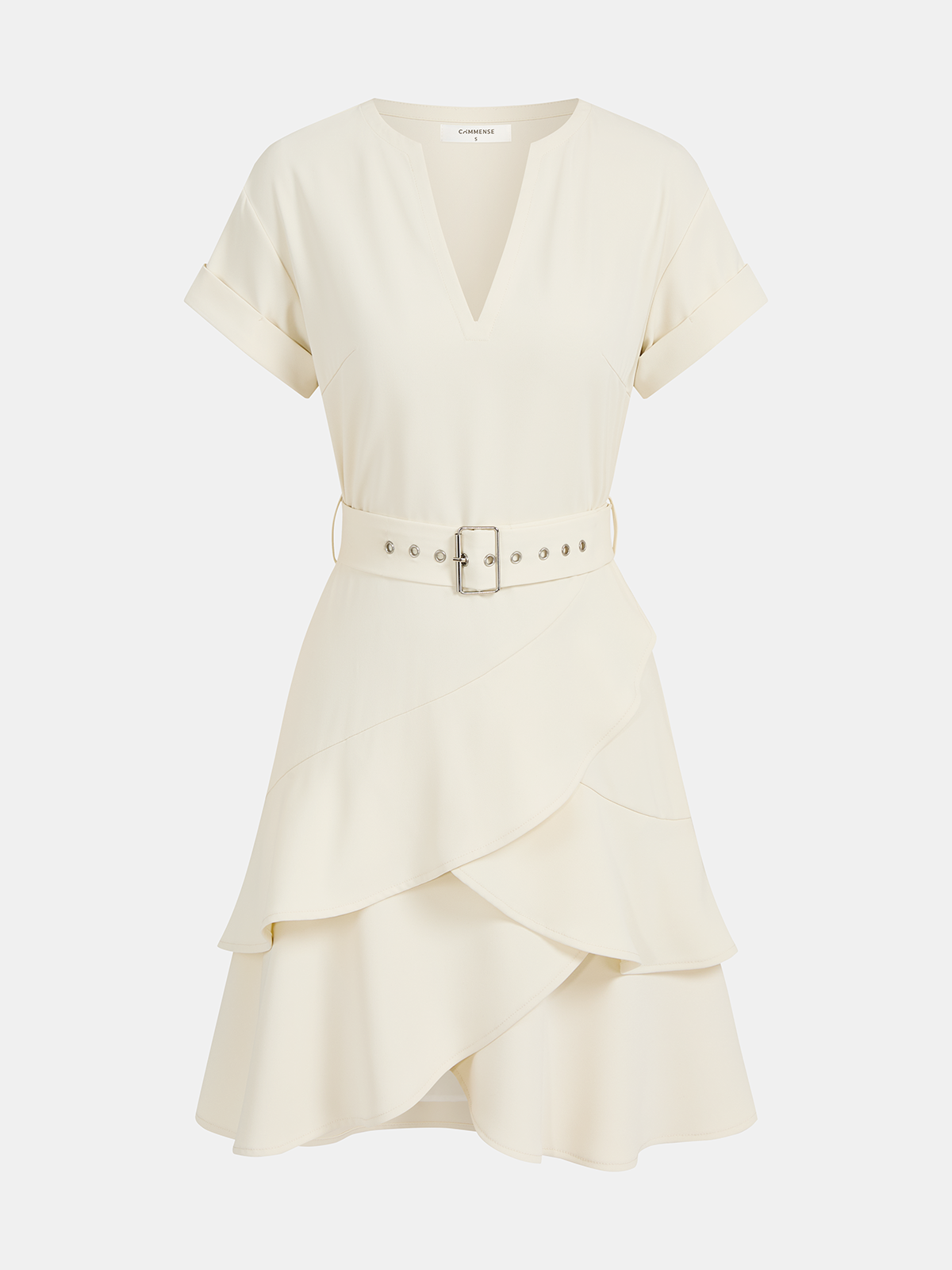 Belted V-Neck Short Sleeve Ruffle Dress-Chicvia