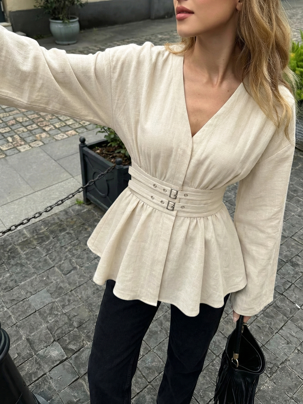 Cotton Blend Double-Buckle Peplum Blouse-Chicvia