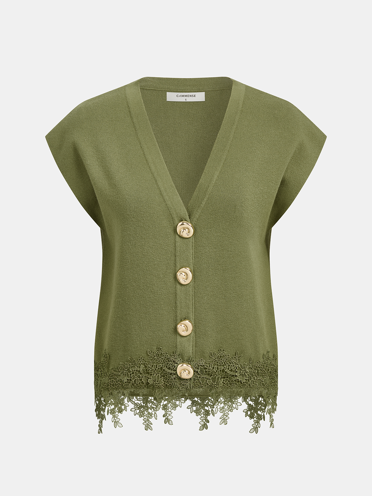 Metal Button Lace Trim Sleeveless Knit Vest-Chicvia