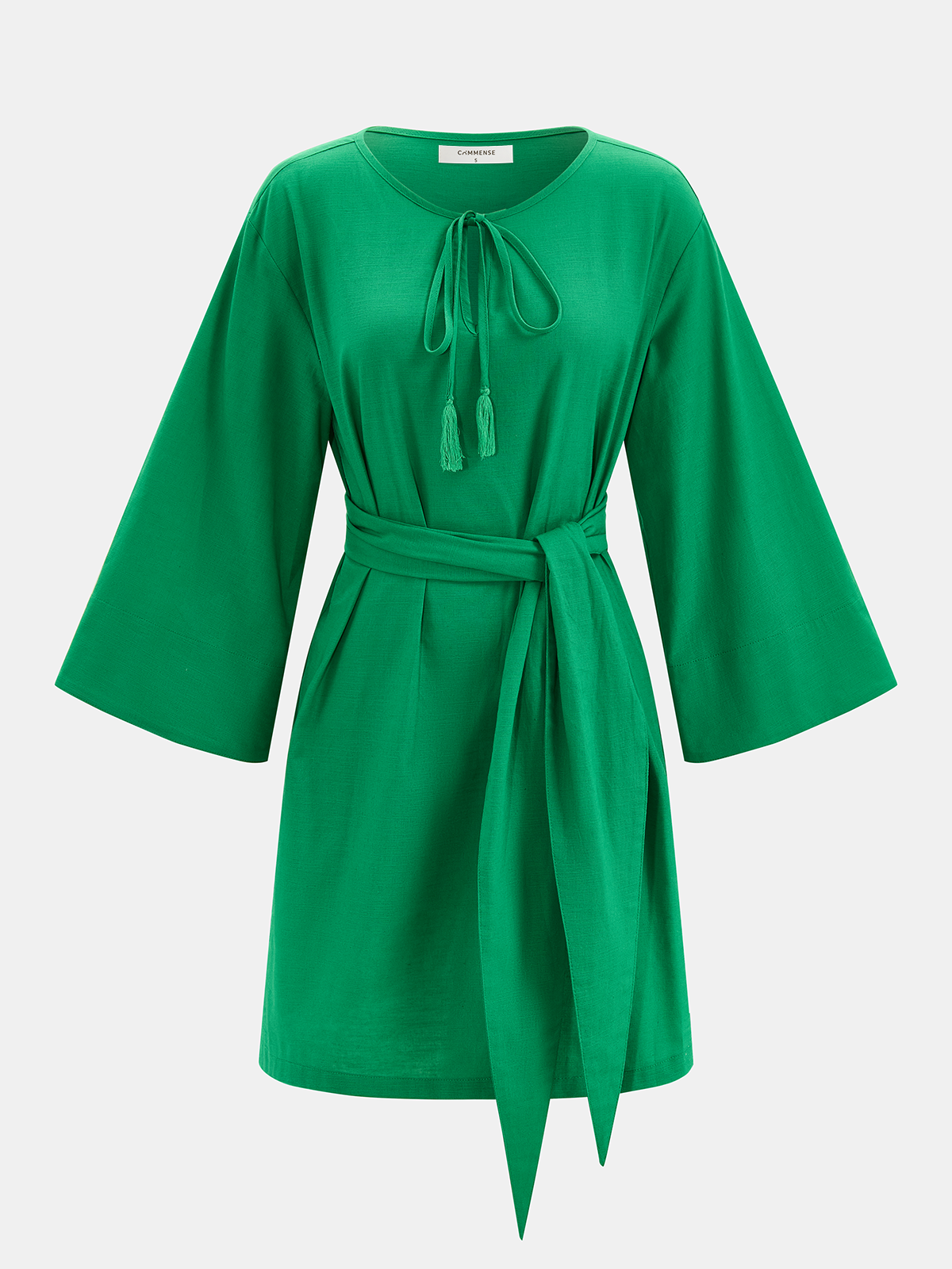 Cotton Linen Belted Tie-Neck Mini Dress-Chicvia