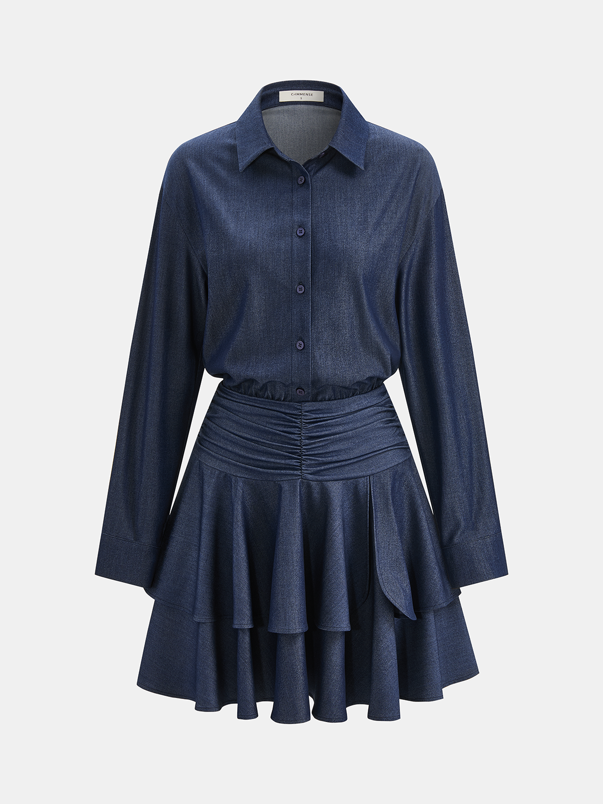 Layered Ruffle Hem Ruched Shirt Dress-Chicvia