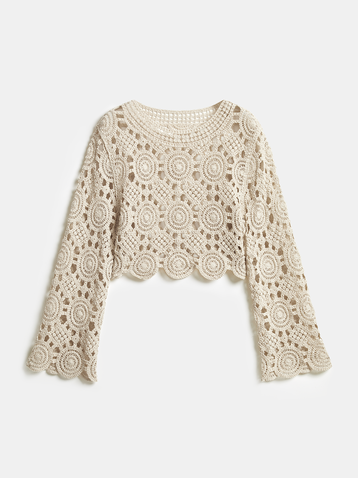 Crochet Circular Pattern Long Sleeve Crop Top-Chicvia