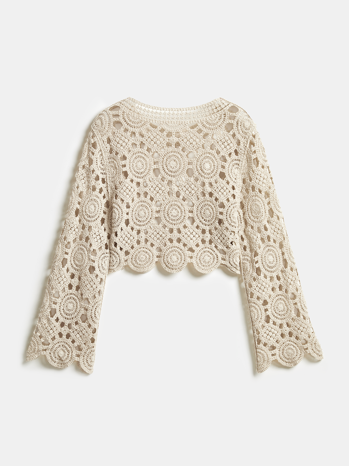 Crochet Circular Pattern Long Sleeve Crop Top-Chicvia