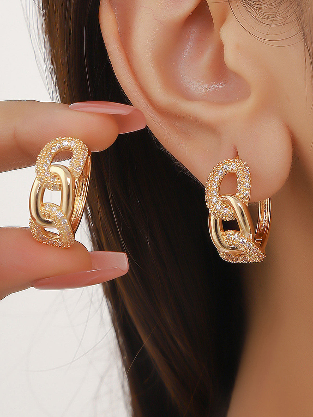 Interlocking Linked Zircon Hoop Earrings-Chicvia