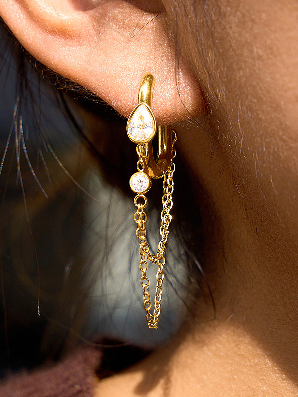 Chain Tassel Teardrop Crystal Hoop Earring-Chicvia