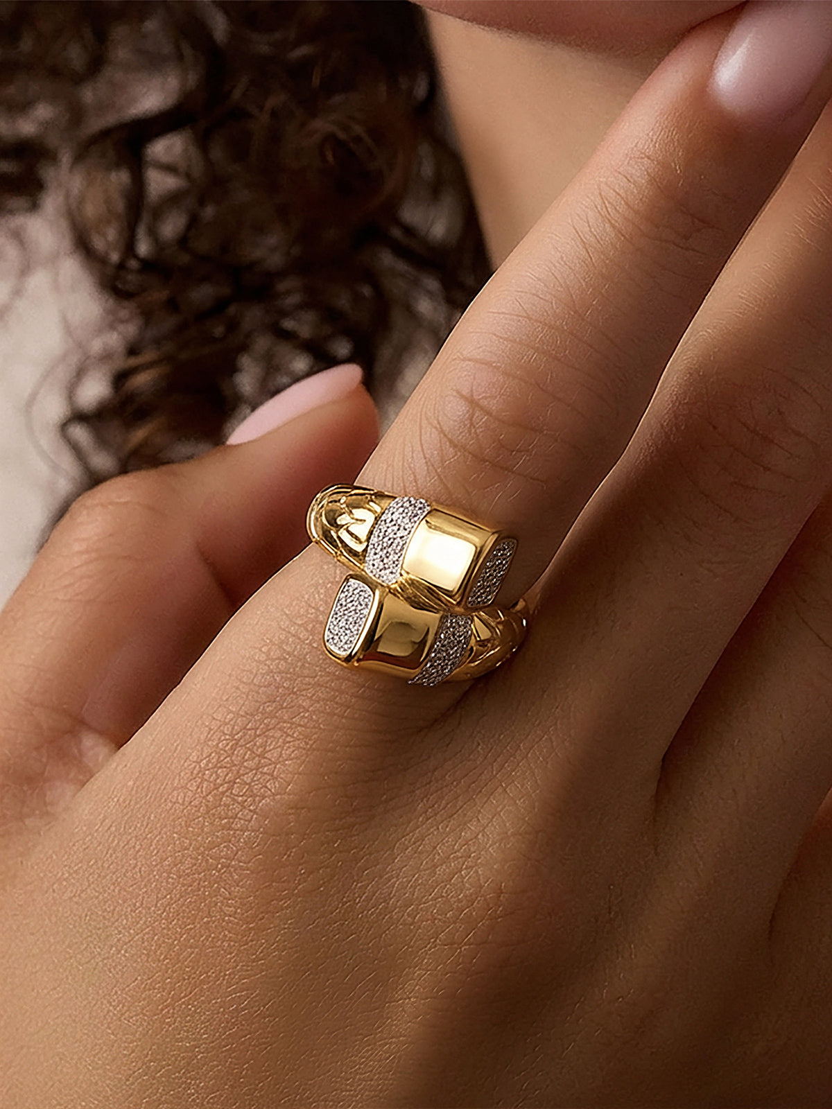 Gold Plated Pave Zircon Geometric Statement Ring-Chicvia