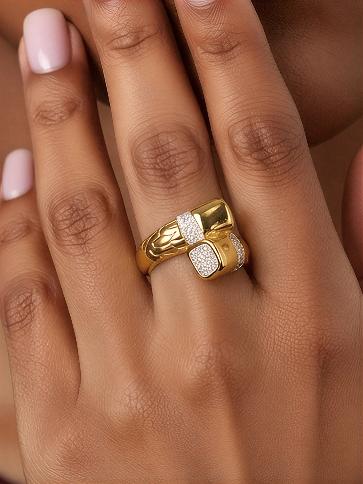 Gold Plated Pave Zircon Geometric Statement Ring-Chicvia