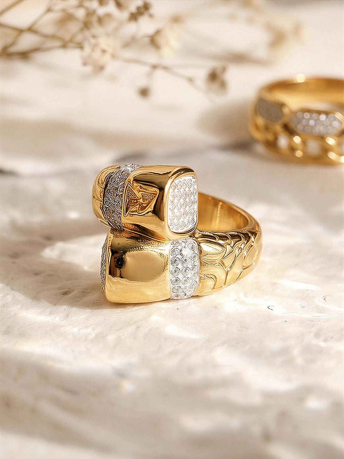 Gold Plated Pave Zircon Geometric Statement Ring-Chicvia