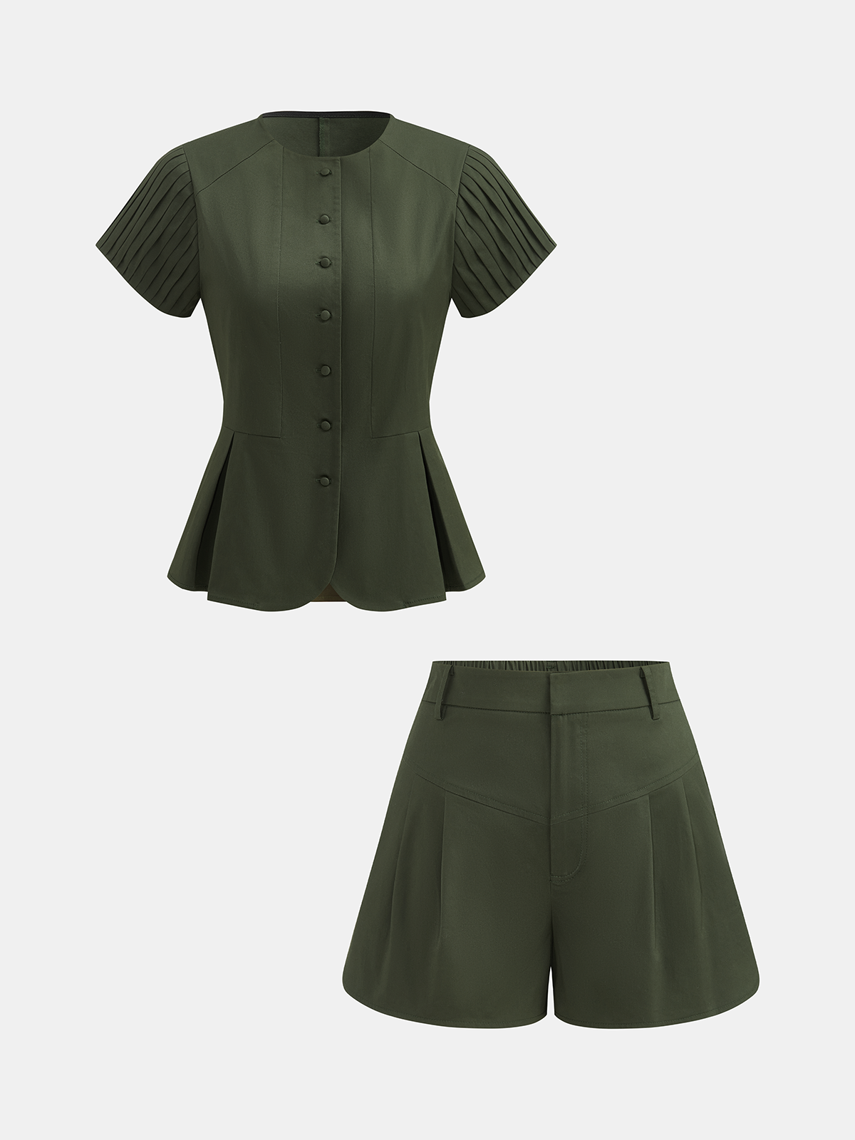 Pleated Sleeve Peplum Top & Shorts Set-Chicvia