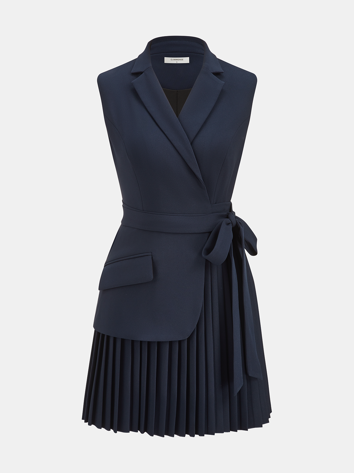 Belted Pleated Sleeveless Blazer Dress-Chicvia