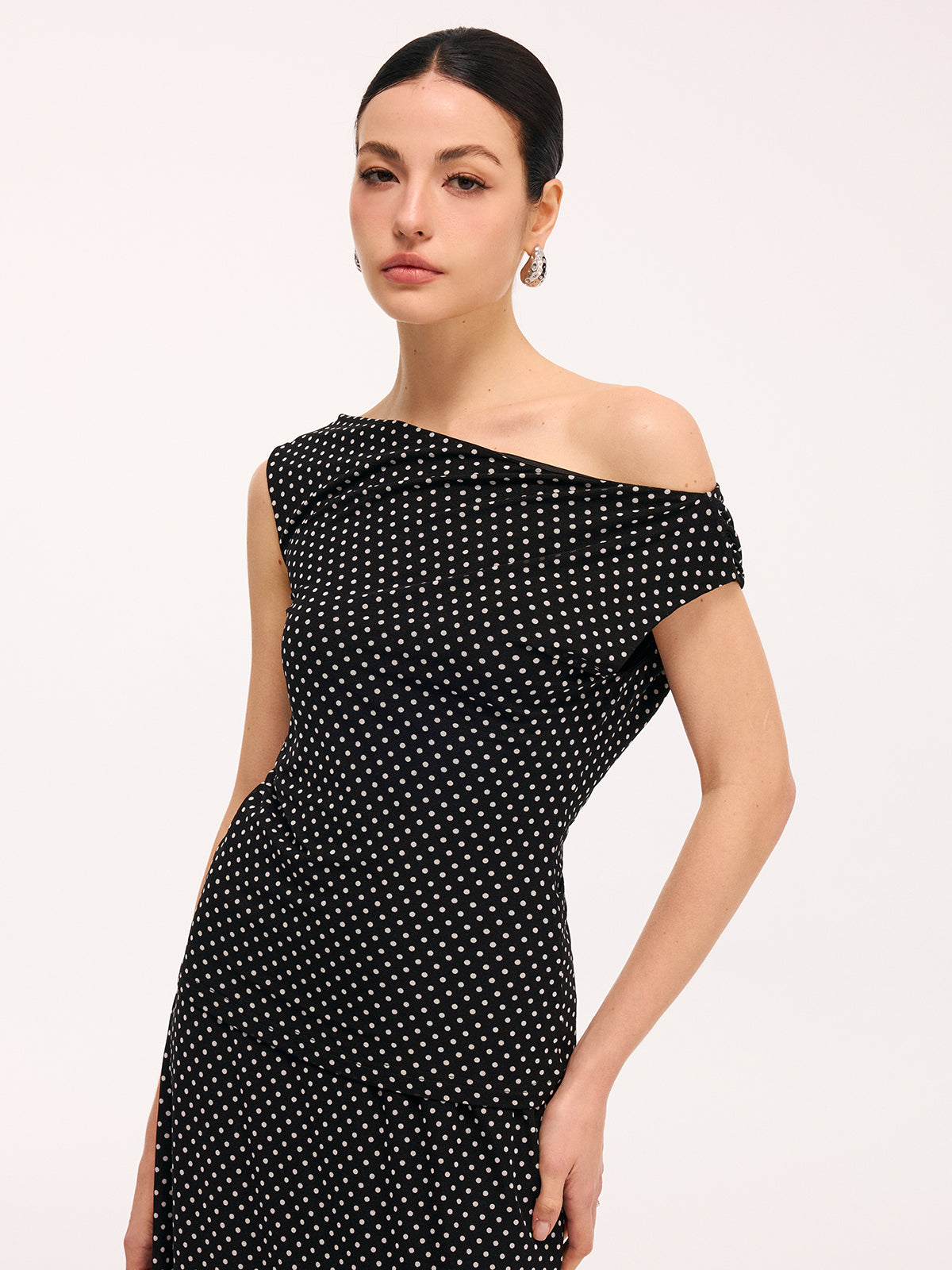 Polka Dot One-Shoulder Top & Maxi Skirt Set-Chicvia