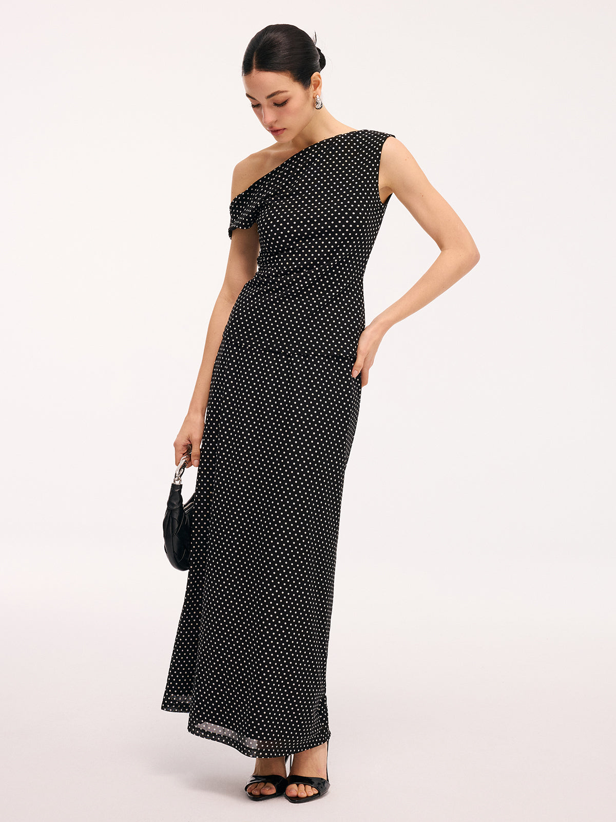Polka Dot One-Shoulder Top & Maxi Skirt Set-Chicvia