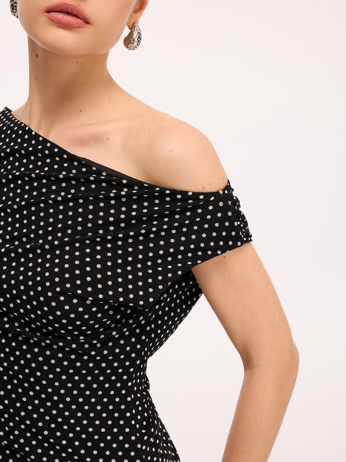 Polka Dot One-Shoulder Top & Maxi Skirt Set-Chicvia