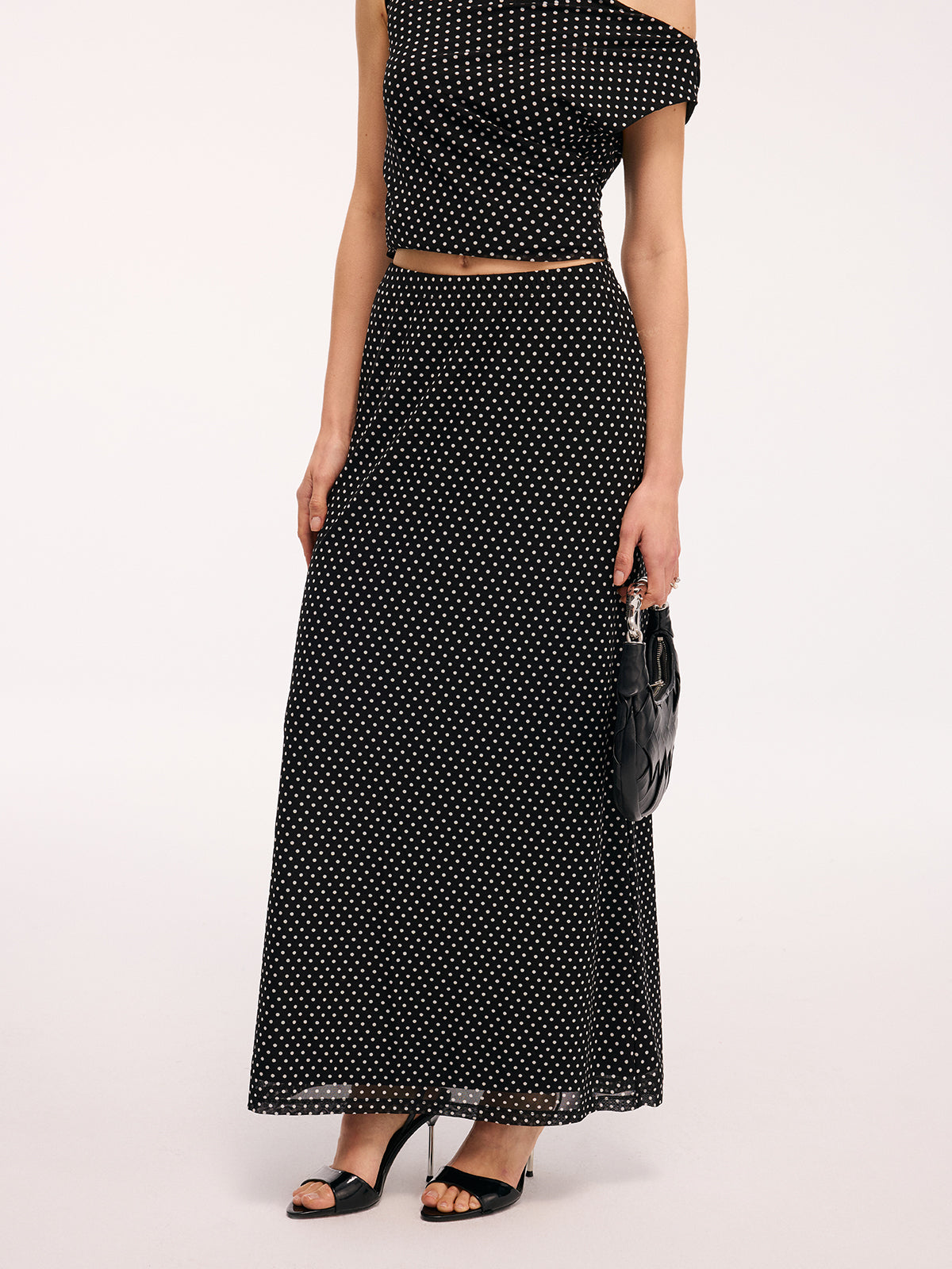 Polka Dot One-Shoulder Top & Maxi Skirt Set-Chicvia