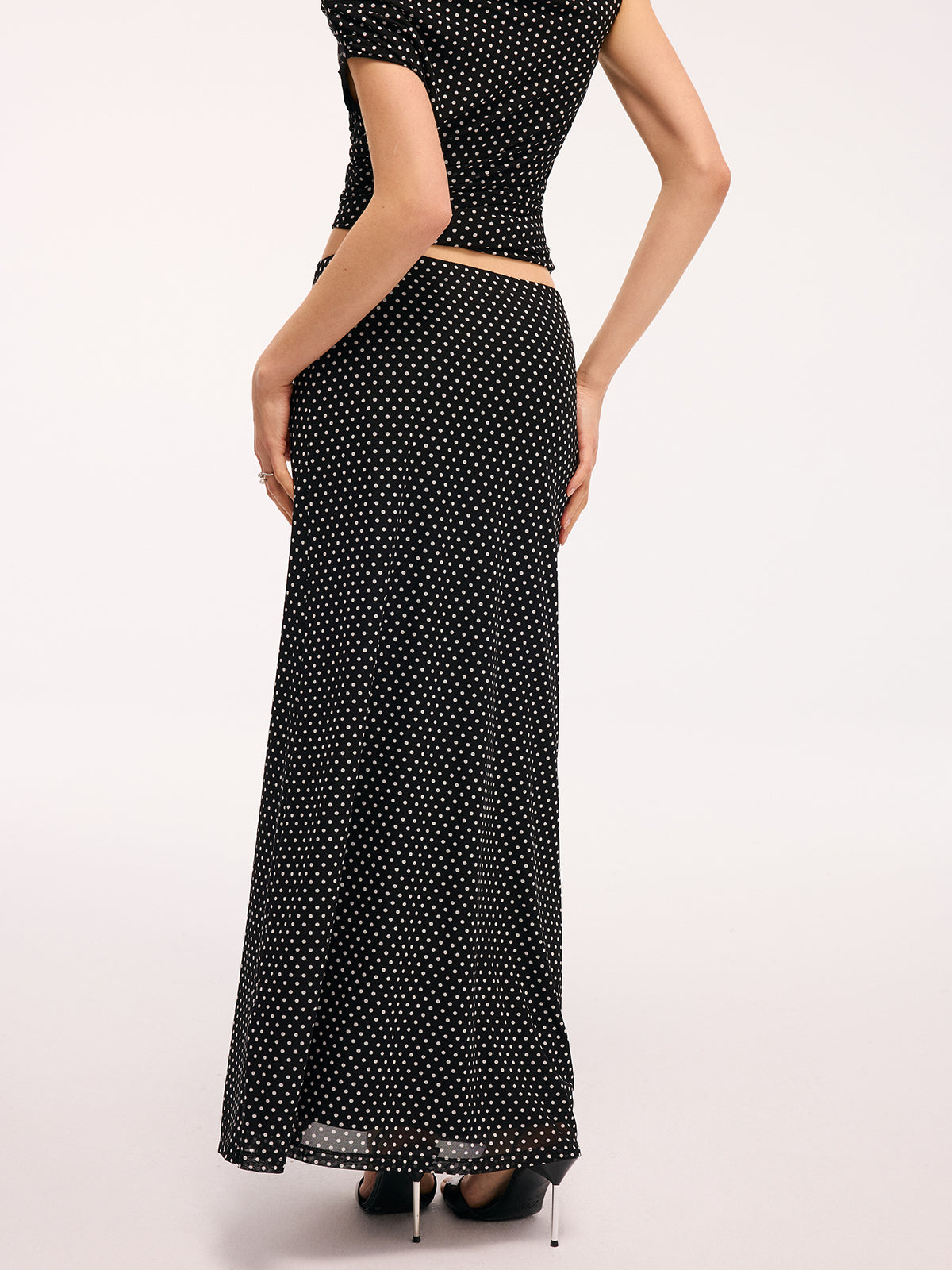 Polka Dot One-Shoulder Top & Maxi Skirt Set-Chicvia