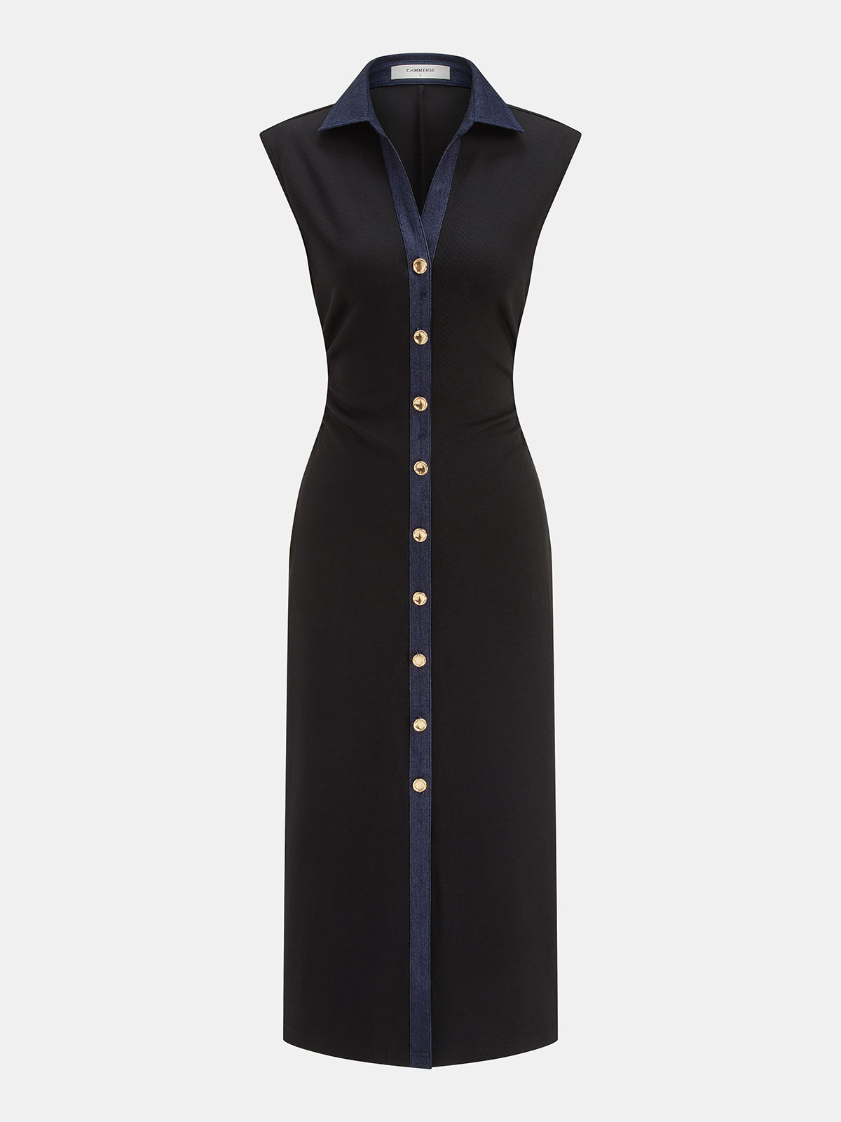 Denim Panel Sleeveless Buttoned Midi Dress-Chicvia