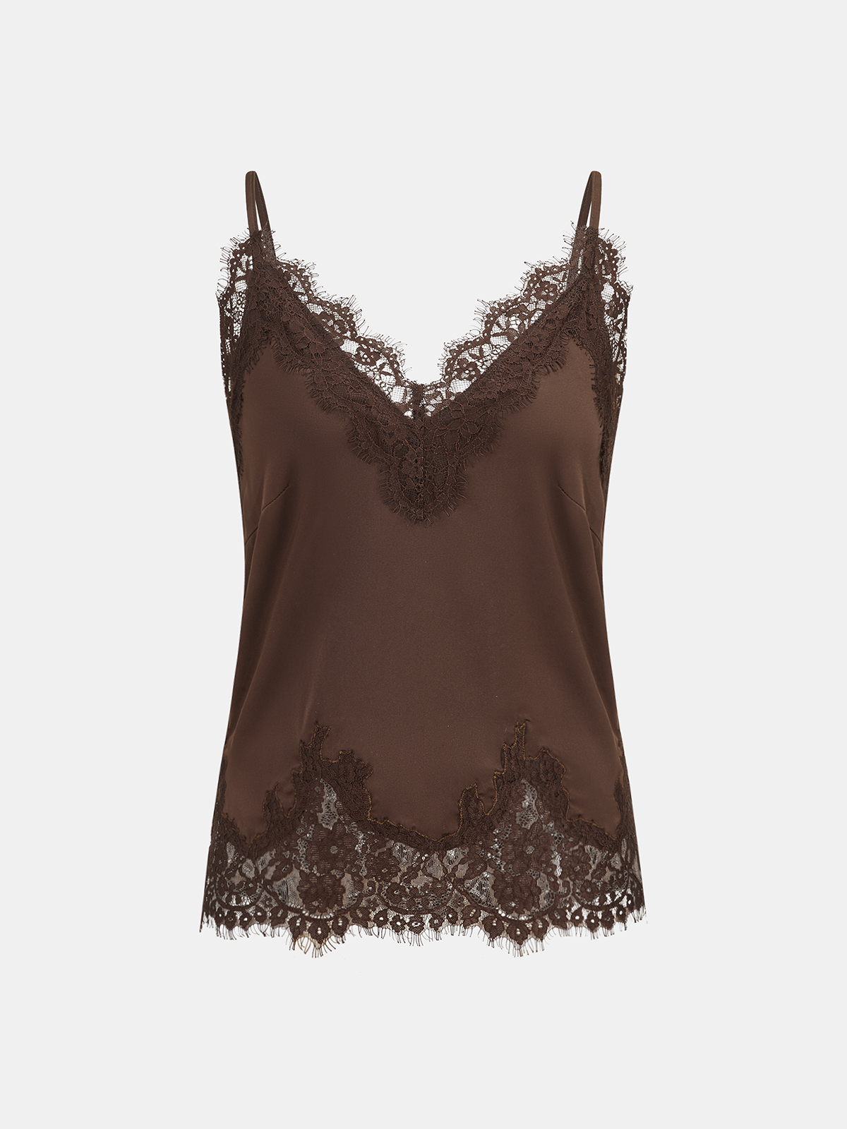 Lace Trim Satin V-Neck Cami Top-Chicvia